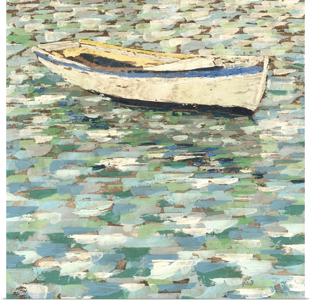 Contemporary painting of an empty row boat in still water.