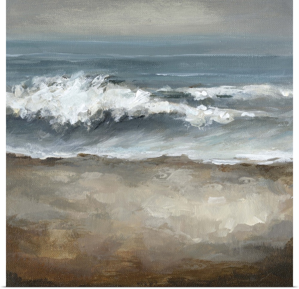 Painting of ocean waves crashing onto beach under a dark sky.