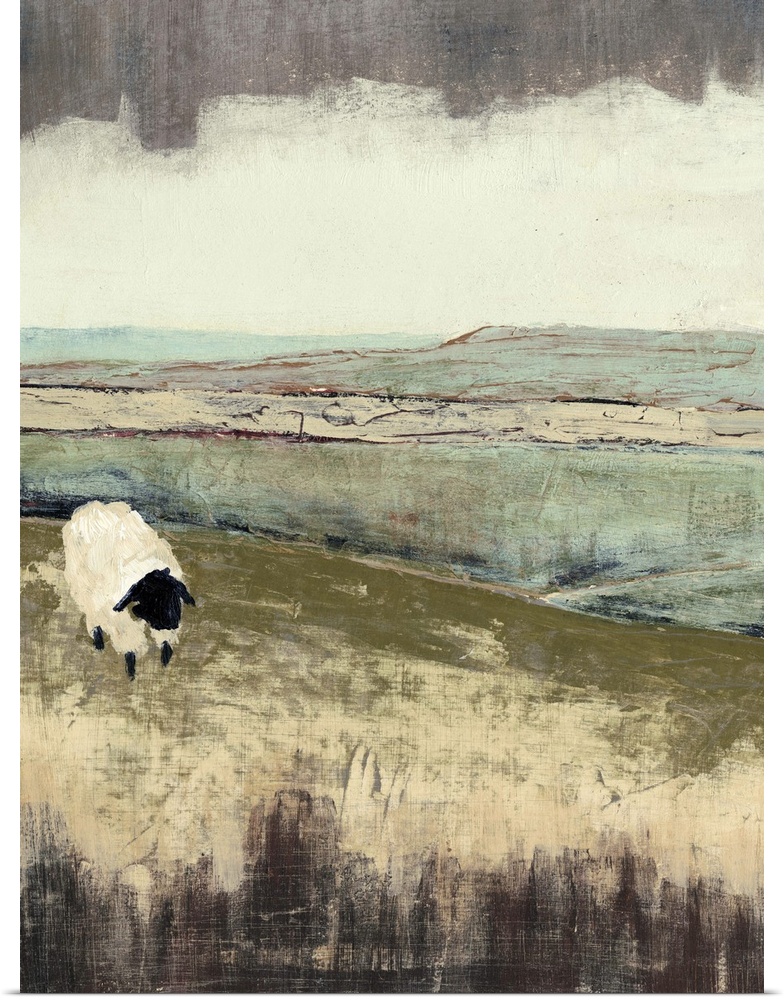 Painting of a lone sheep in a field under a sky of dark clouds.