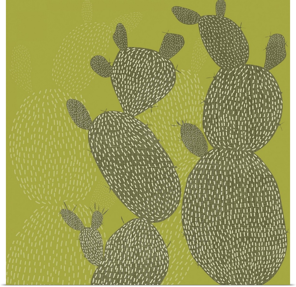 Cactus shapes and designs fill this decorative artwork in light and dark shades of green with a linen texture applied to t...