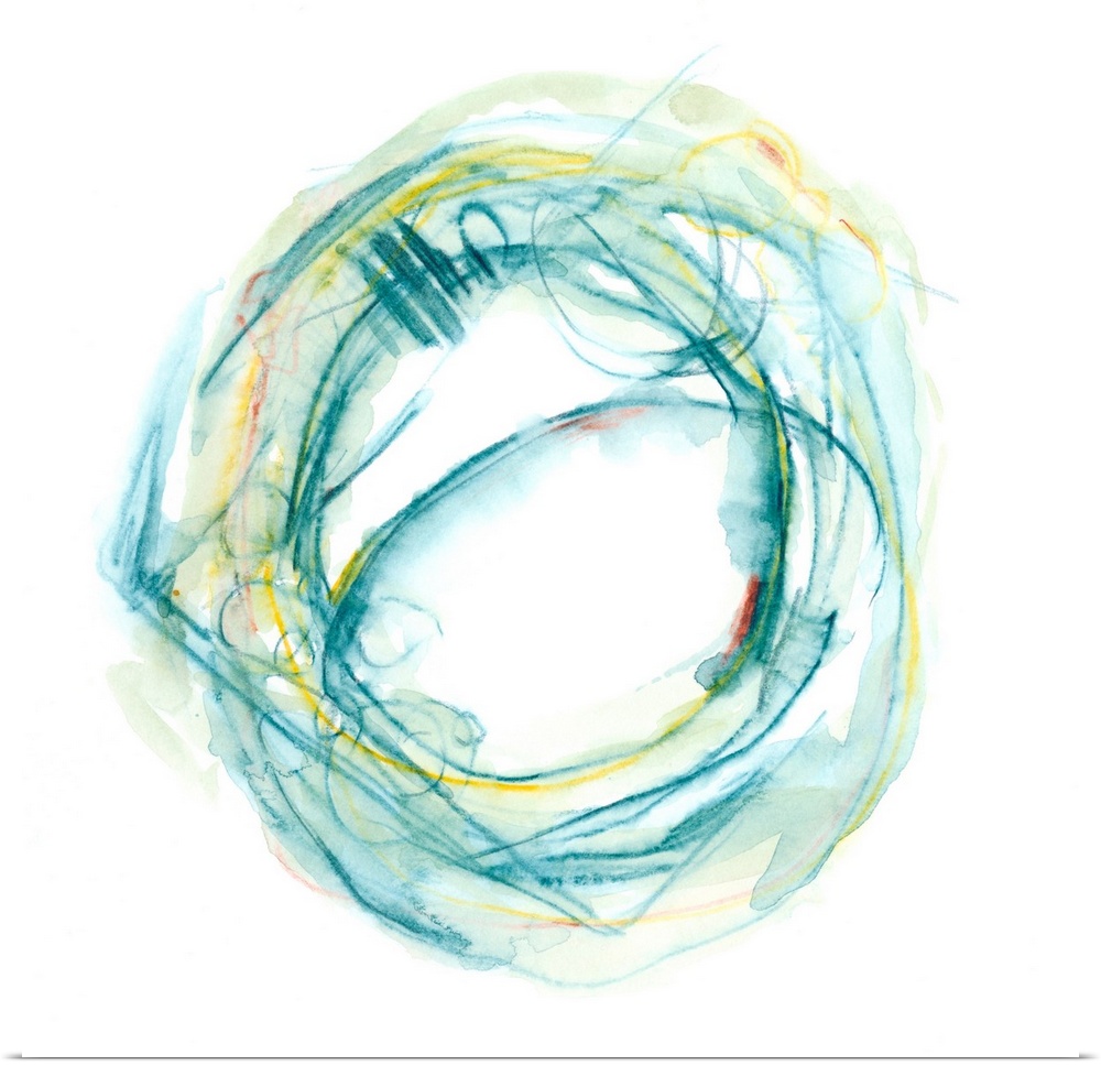 Watercolor abstract artwork of a round shape in aqua and yellow tones.