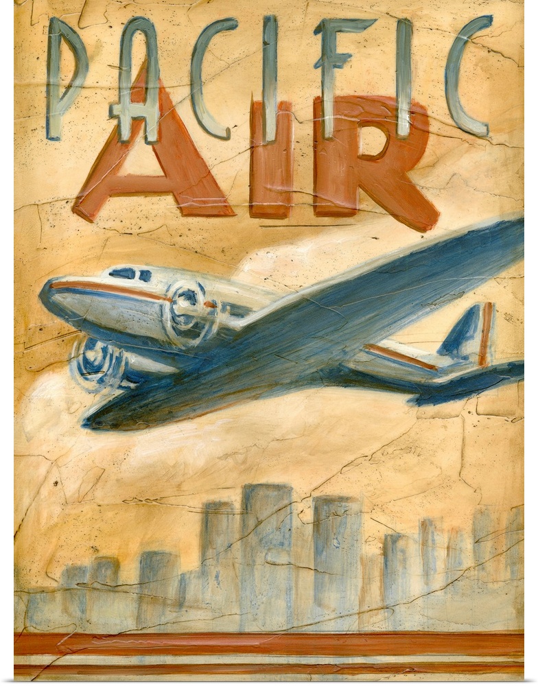 Vertical artwork on a large wall hanging of a vintage advertisement for Pacific Air.  A large jet flies over a city skylin...
