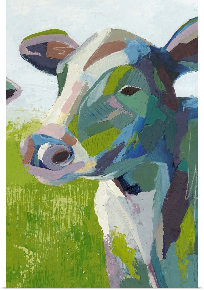 Contemporary colorful painting of a cow in a field.