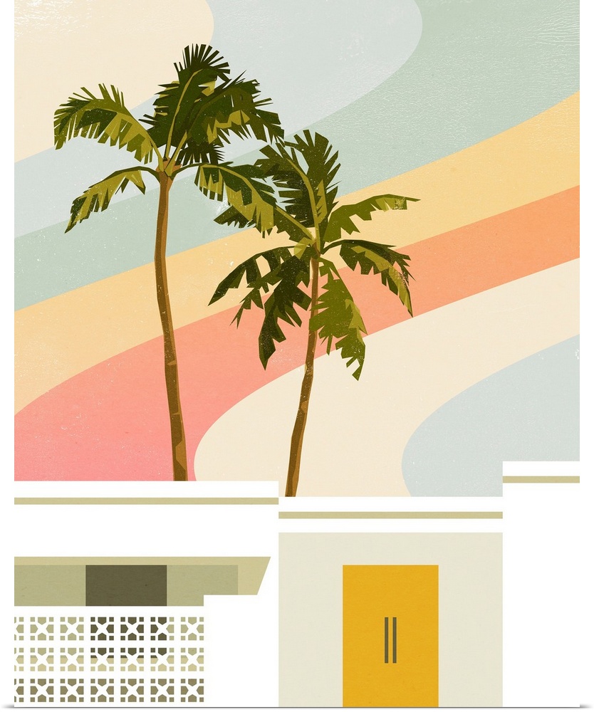A contemporary mid-century modern graphic illustration of a white stucco home with classic palm springs architectural deta...