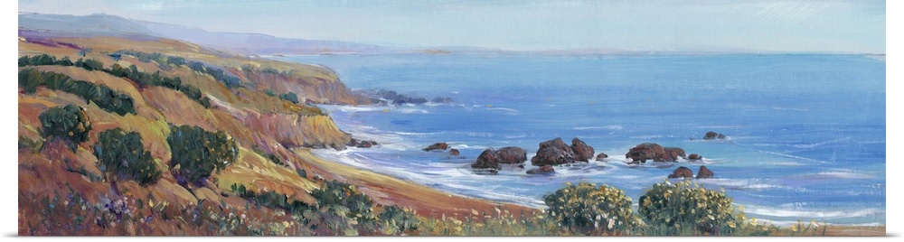 Painted panoramic landscape of a rocky cliff ocean coast.