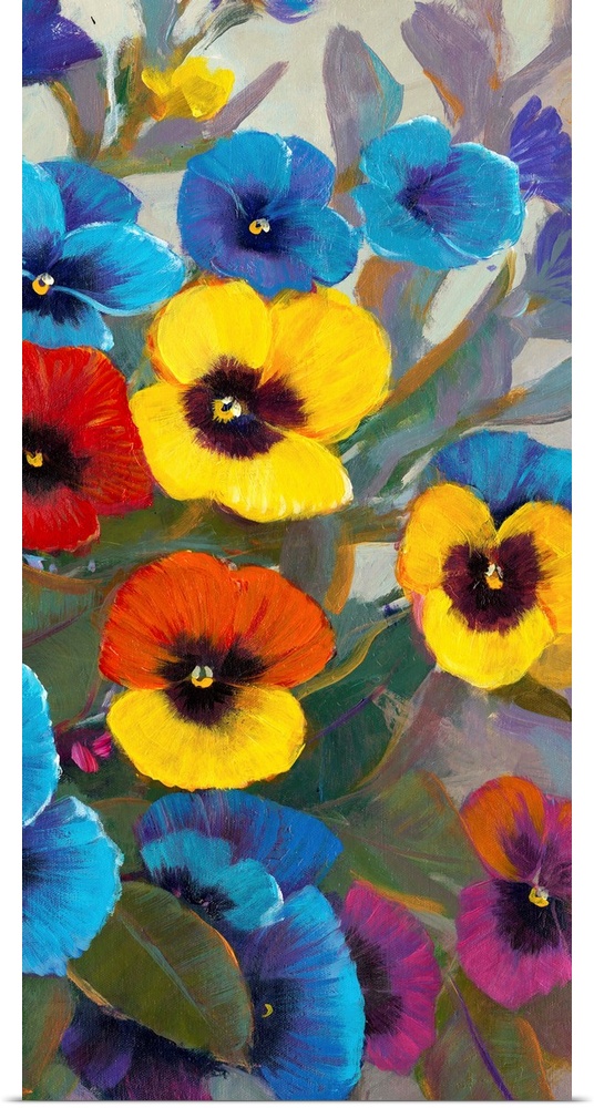 A flower bed of colorful pansies on a vertical panel.