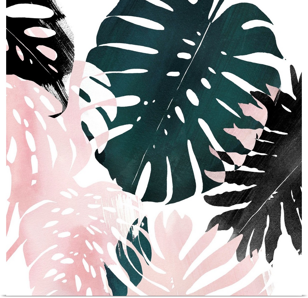 Contemporary painting of pink, green, and black tropical palm fronds.