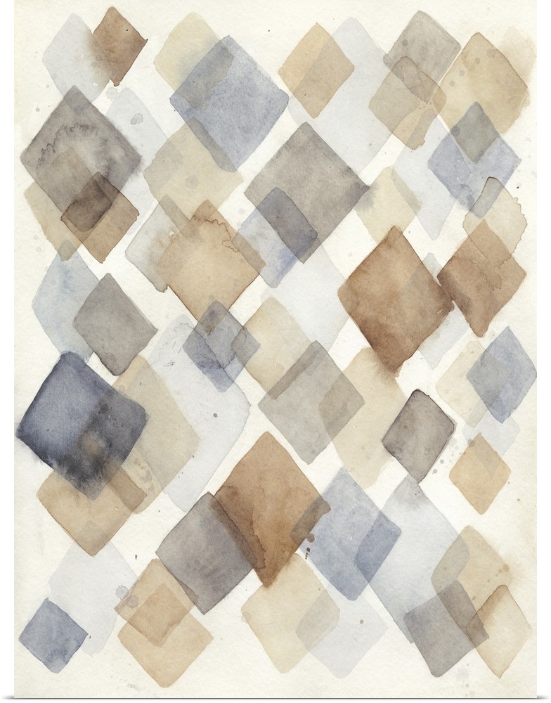 Contemporary abstract painting using diamond shapes in pale watercolors.