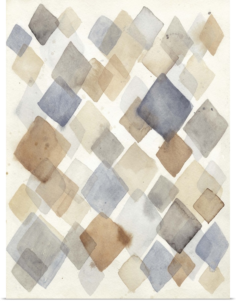 Contemporary abstract painting using diamond shapes in pale watercolors.