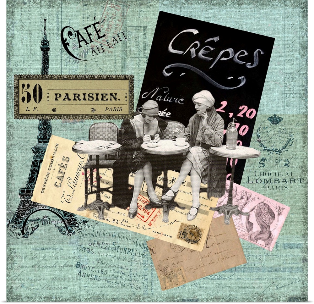 Travel collage of a vintage scene in a cafe bordered with french themed items.