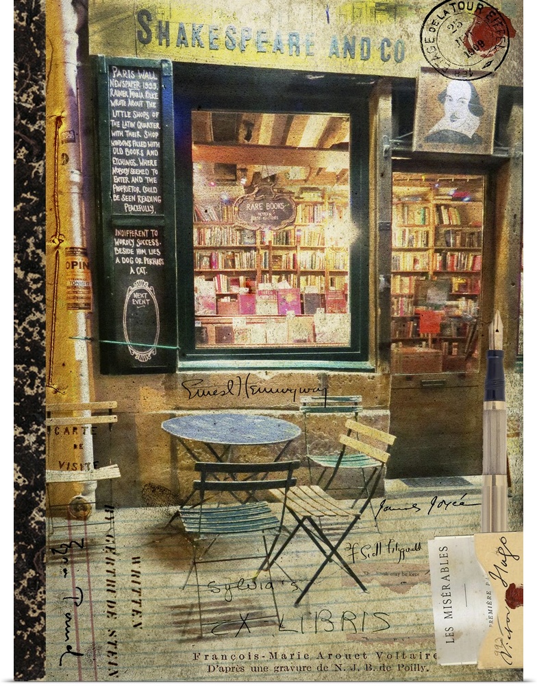 Travel collage of a parisian book store in Paris, France.