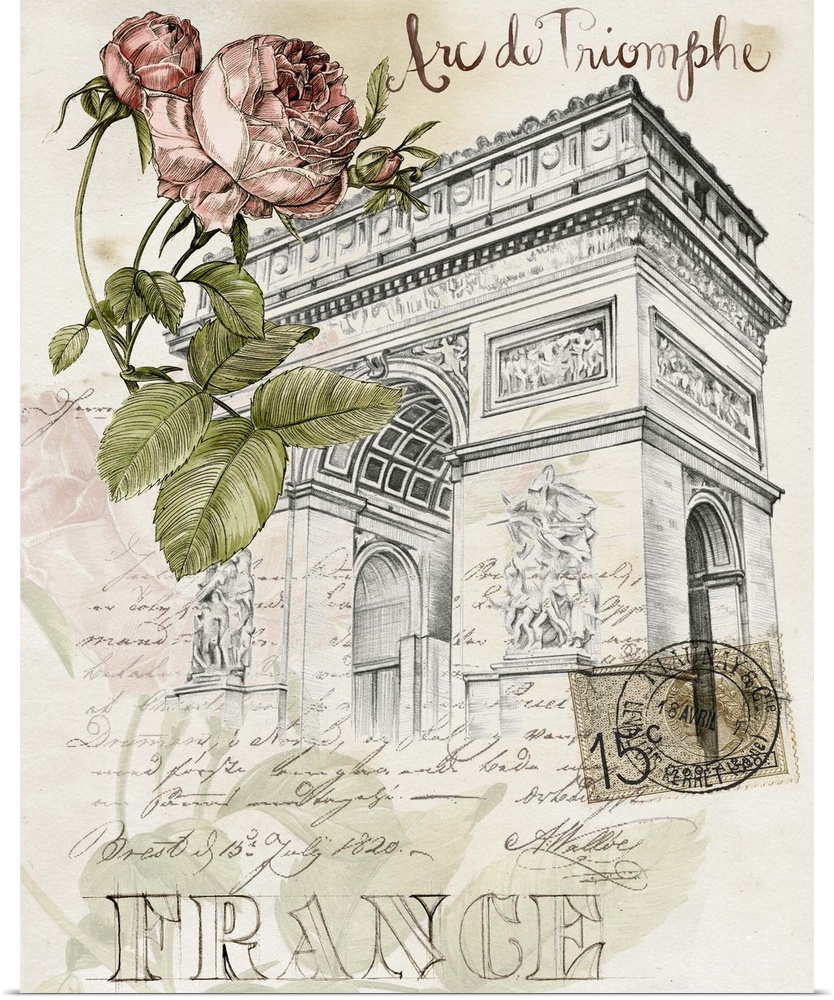 A sketch of the Arc de Triomphe is adorned with an illustrated rose and French text throughout.