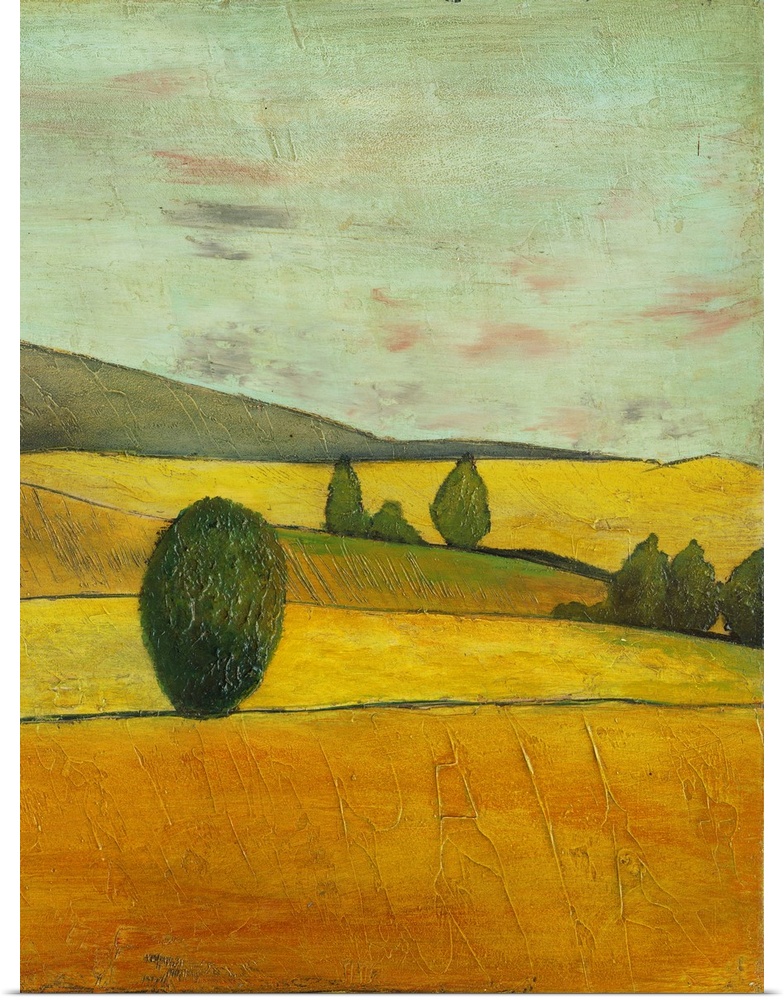 Contemporary painting of a golden landscape of rolling countryside hills.