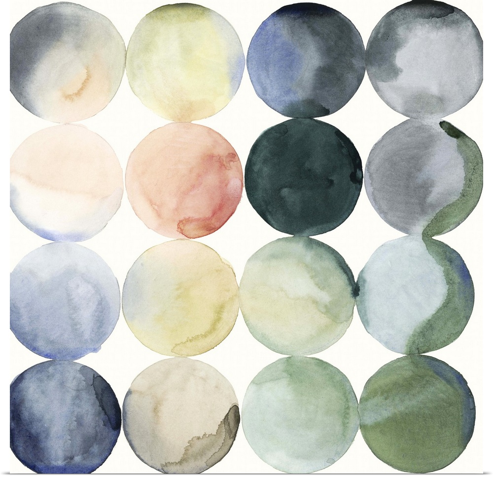 Watercolor painting of colorful circles in rows on a white, square background.