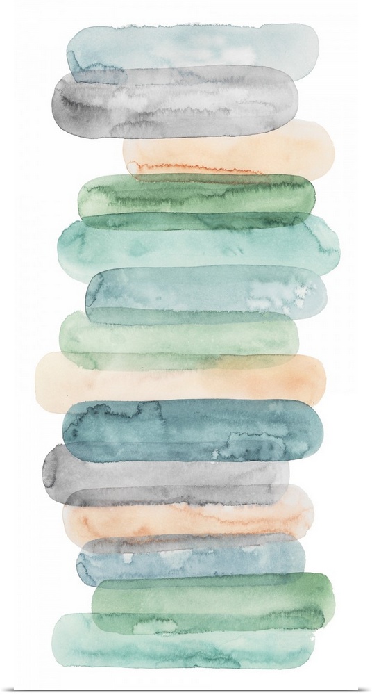 Horizontal oval shapes in pastel colors are stacked on top of each other in this vertical contemporary artwork.