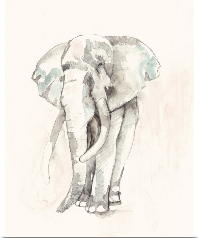 Contemporary abstract painting of an elephant in soft pastel hues.