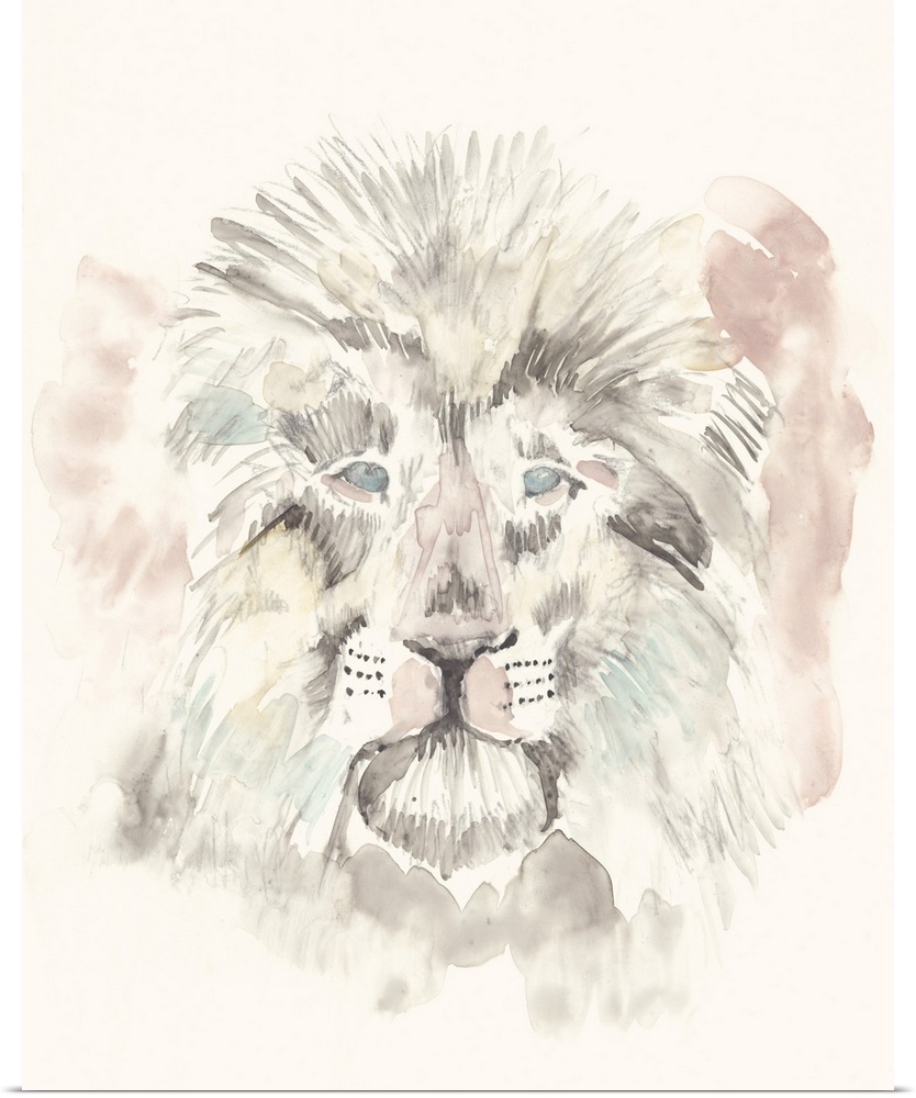 Contemporary abstract painting of a lion in soft pastel hues.