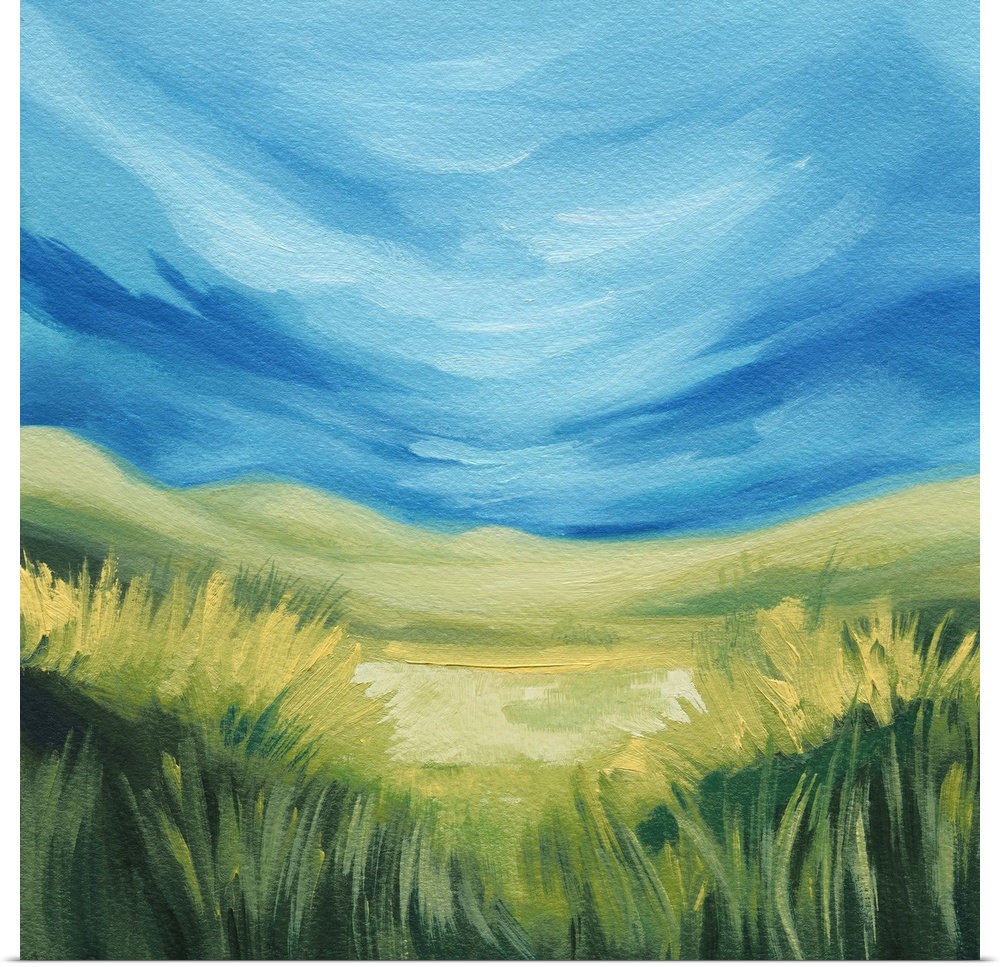 A contemporary abstracted landscape painting on tall grasses in front of rolling hills under a deep blue sky. Fluid brushs...