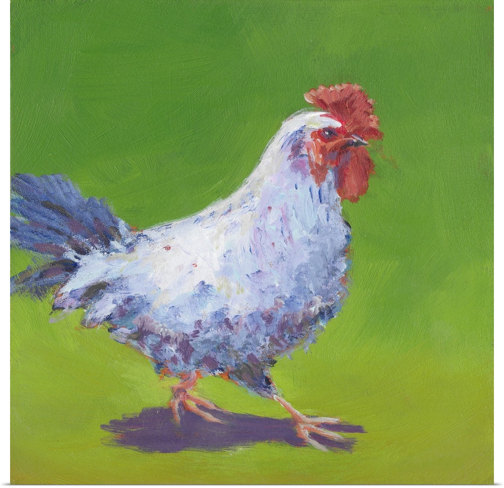 Contemporary artwork of a chicken trekking through a pasture.