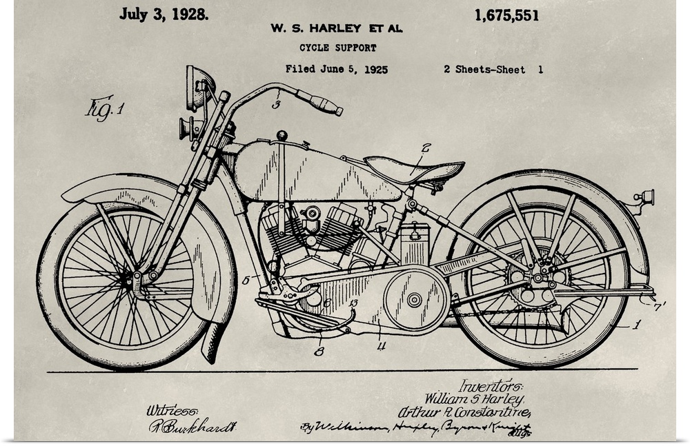 Vintage patent illustration of a motorcycle.