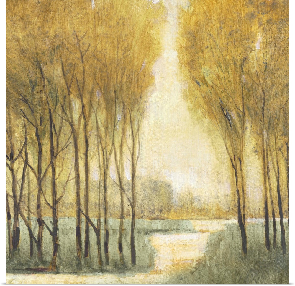 Painting of a pathway through a forest in soft golden tones that would look great in any traditional home.