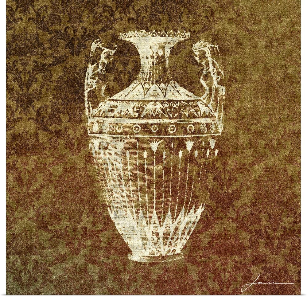 Stenciled antique vase against a vintage pattern.