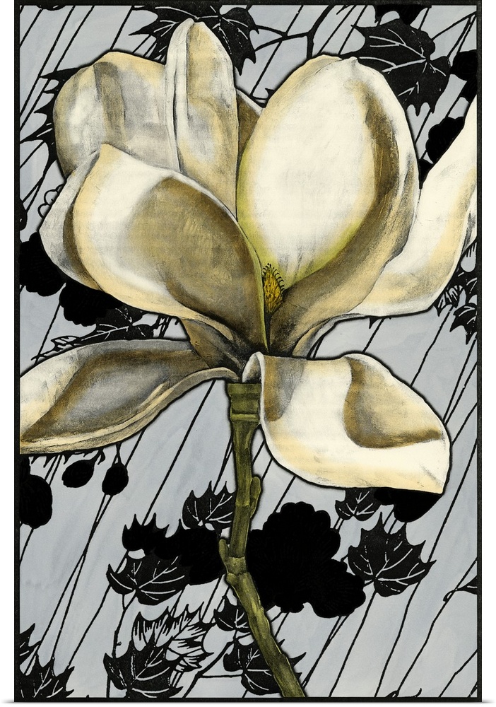 Contemporary artwork of a vintage stylized magnolia flower reminiscent of art nouveau.