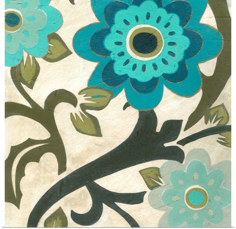 Contemporary painting of blue flowers and pale green stems and vines against a cream background.