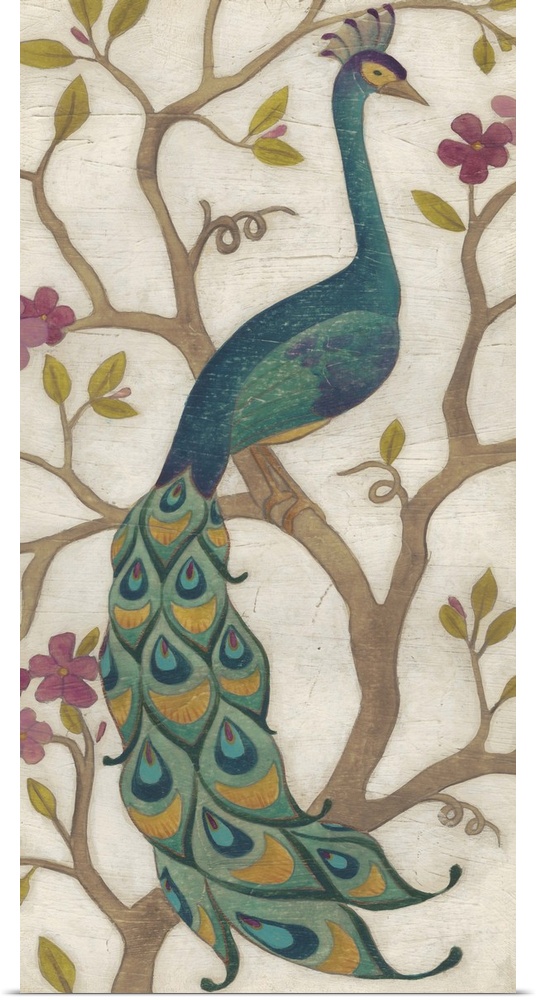 Decorative art of a stylized peacock on a branch.