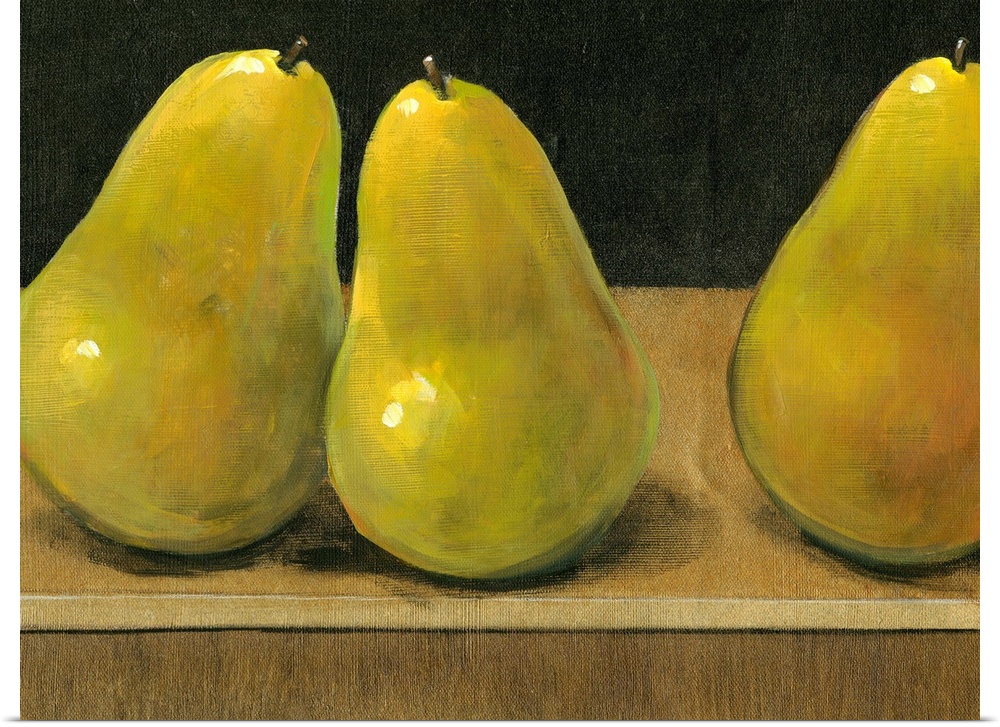 Horizontal painting on a big canvas of three shining pears sitting on a flat surface, on a dark background.  Two of the pe...