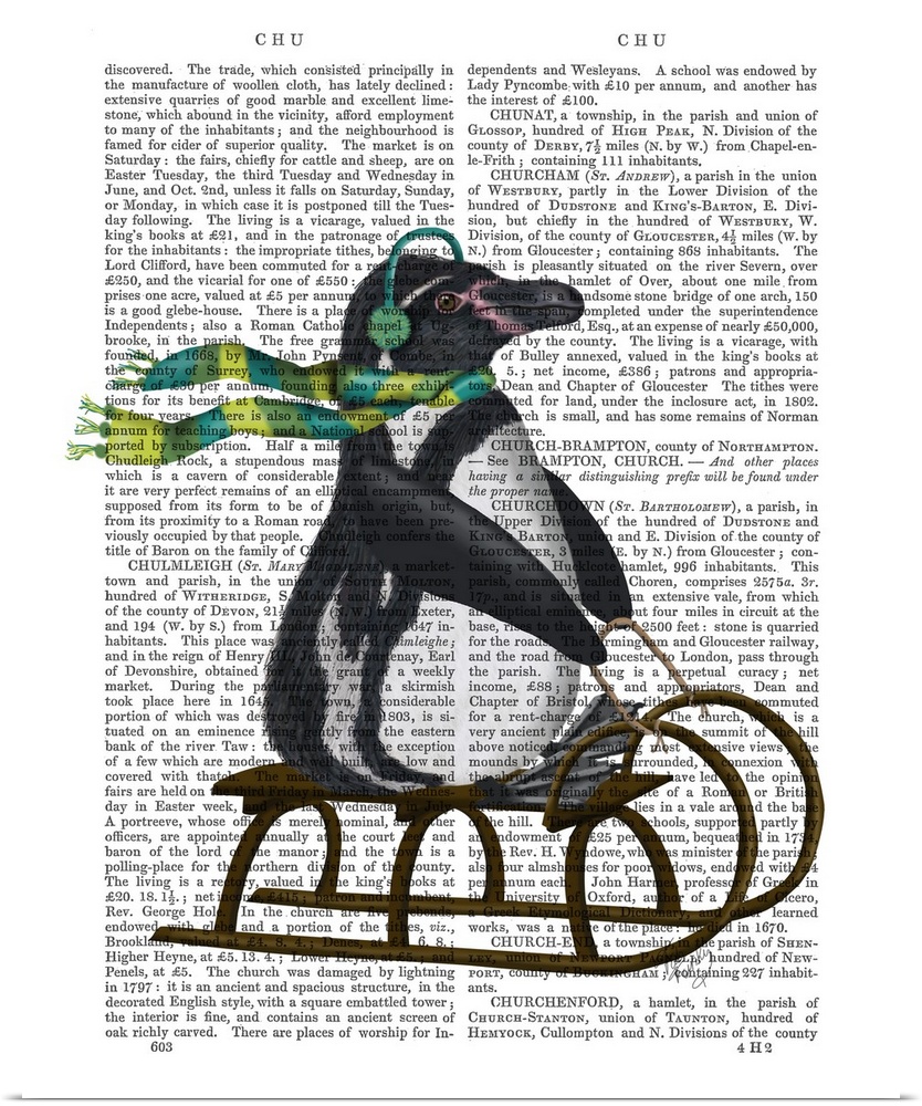 Decorative art with a penguin riding a sled painted on the page of a book.