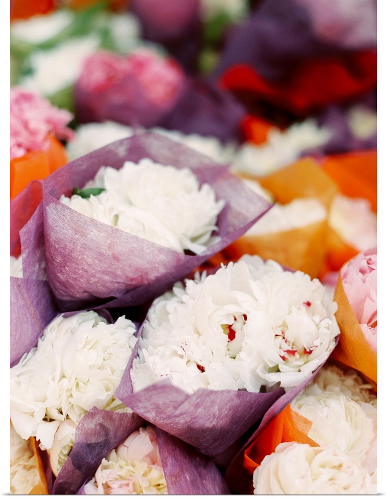 Photograph of bunches of white peony flowers crapped in tissue paper in a market.