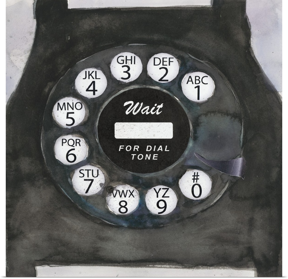 Decorative painting of an old telephone close-up, focusing on the circular dial.