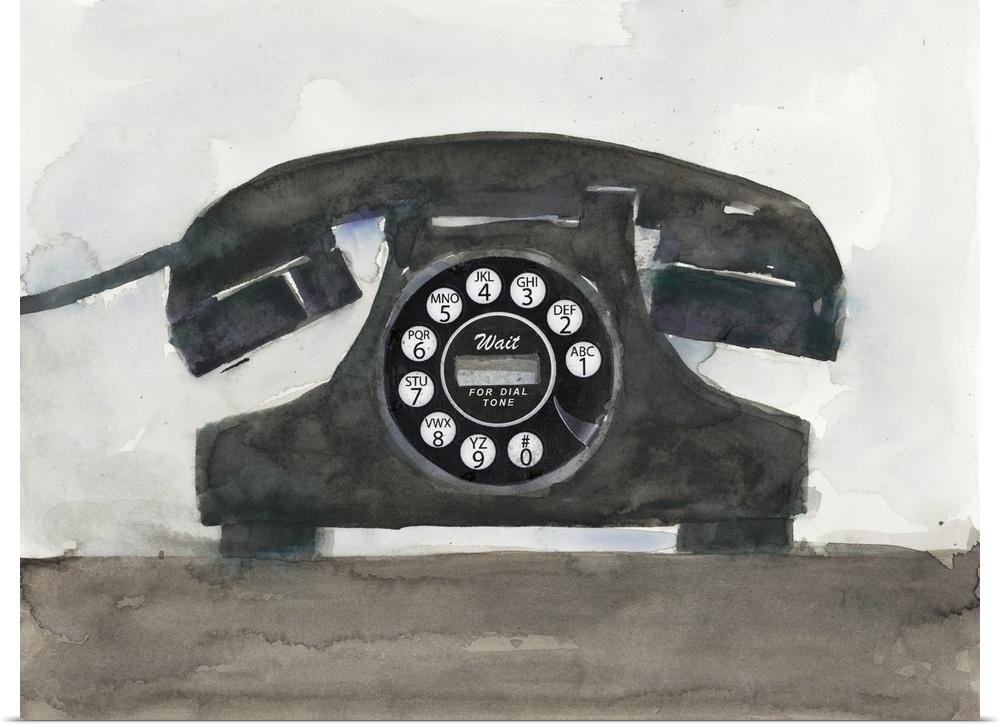 Decorative painting of a black old telephone with a circular dial pad.