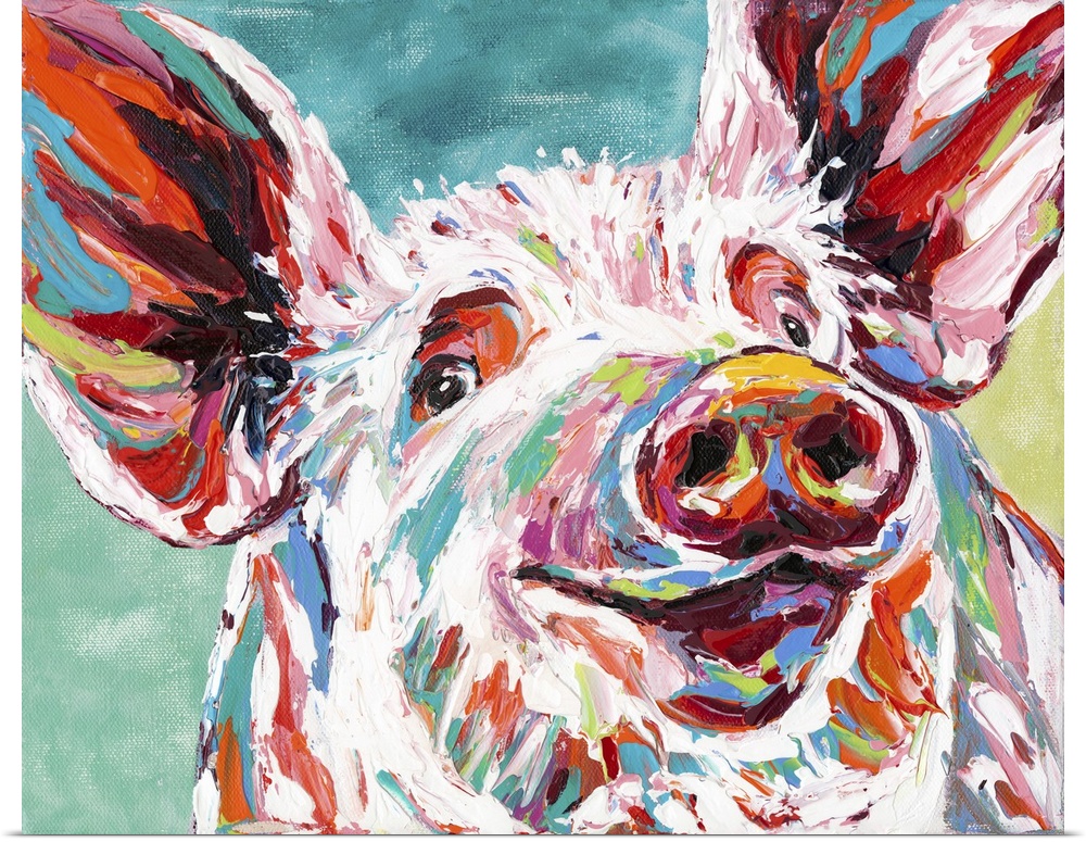 Contemporary portrait of a cheerful pig in bright colors and highlights.