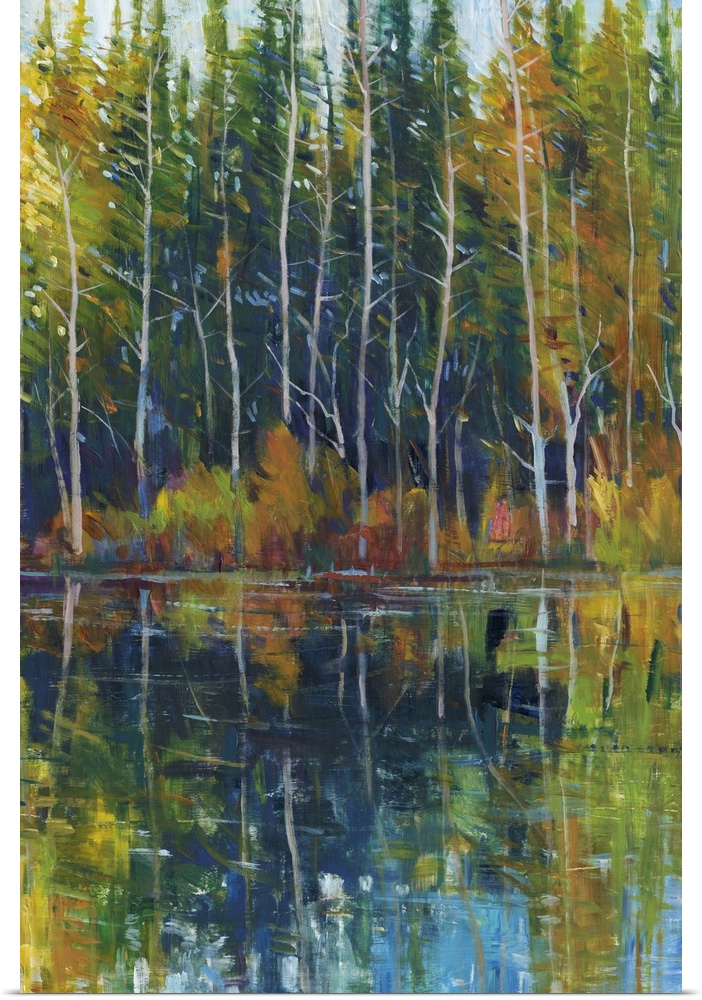 Contemporary painting of a forest at the edge of a stream.