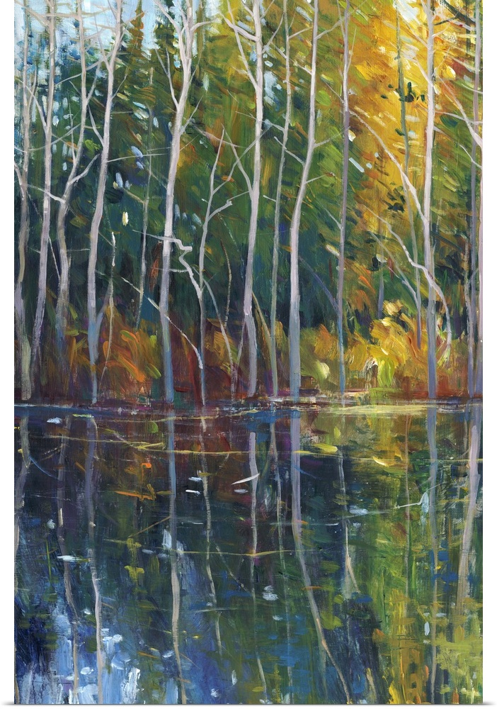 Contemporary painting of a forest at the edge of a stream.