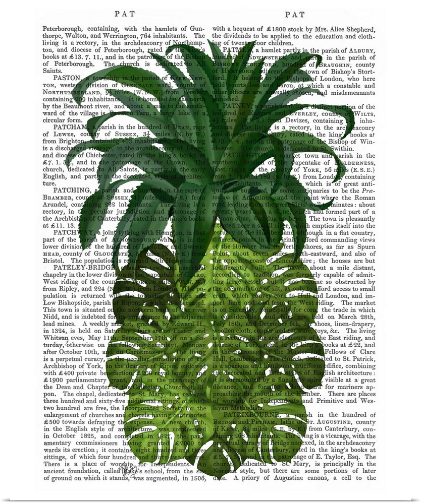 Decorative art of the shape of a pineapple made with tropical leaves painted on the page of a book.