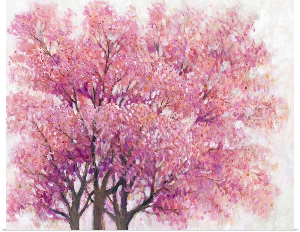 Painting of a pink cherry blossom tree.