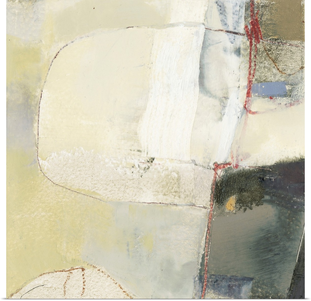 Square abstract painting in neutral tones with curved lines and red accents.