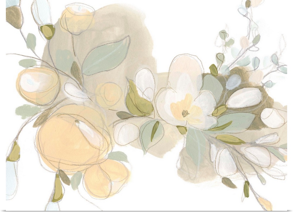 Delicate gestural flowers in soft hues of yellow, beige and green pervade across a white background in this decorative art...