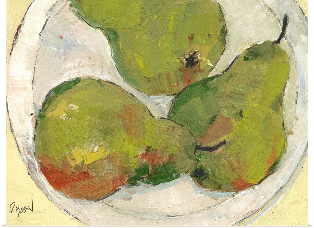 Painting of a plate of pears, seen from above.