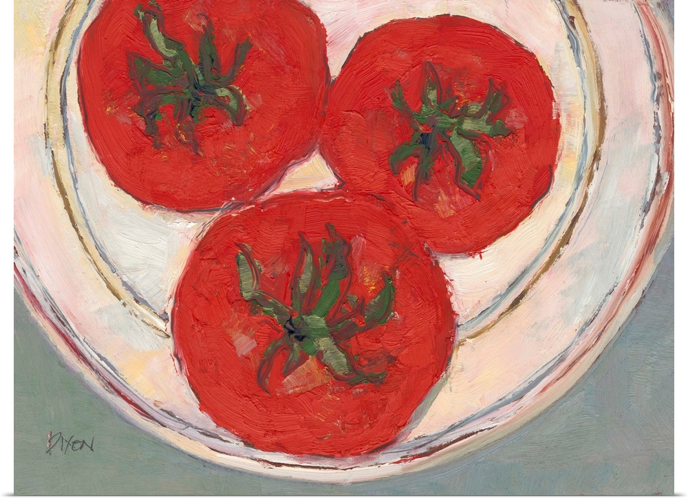 Painting of a plate of tomatoes, seen from above.