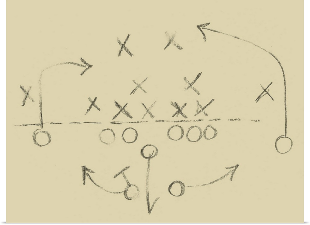 Sketch of a football play in a diagram of X's and O's.