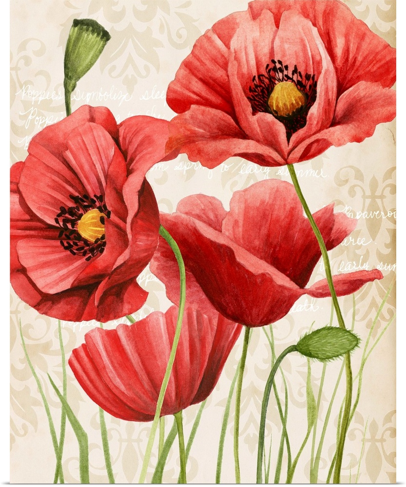 Contemporary illustration of vibrant red poppies in bloom on a beige damask background.