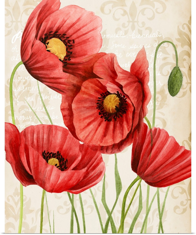 Contemporary illustration of vibrant red poppies in bloom on a beige damask background.