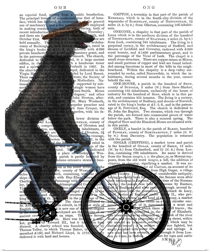 Decorative artwork of a black Poodle wearing a hat and riding on a bicycle, painted on the page of a book.