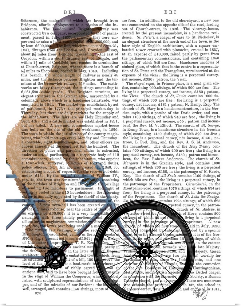 Decorative artwork of a golden Poodle wearing a hat and riding on a bicycle, painted on the page of a book.
