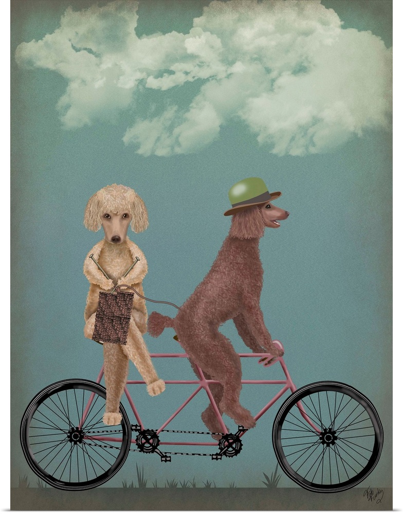Decorative artwork of two Poodles riding on a pink tandem bicycle with the dog in the back knitting.