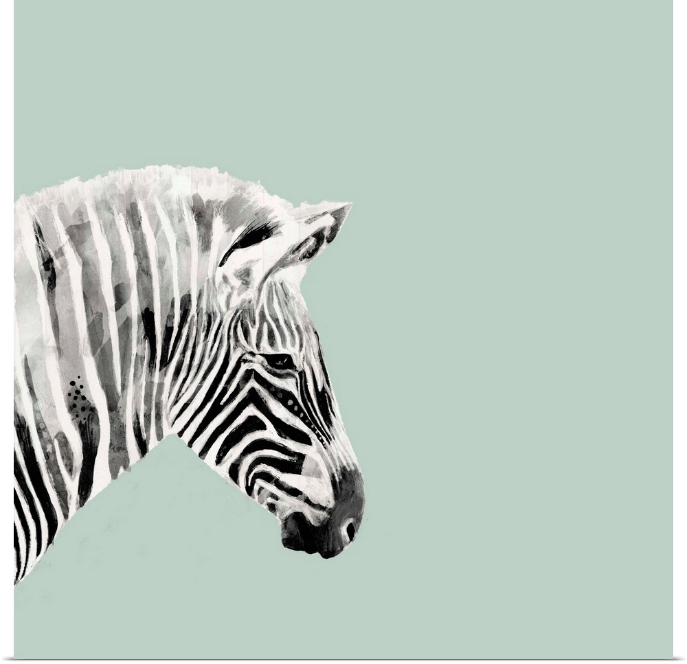 A decorative image of a profile of  zebra on the left side of a light blue background.